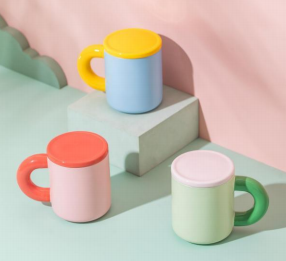 MIDI 380ml Color blocked Macaron Ceramic Cup with Lid/Mixed