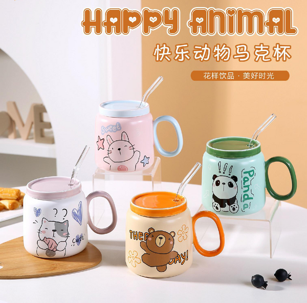 MIDI 510ml Happy Animal straw ceramic cup/mixed